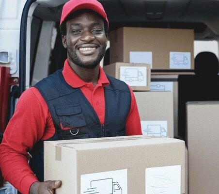 black courier man shipping packa